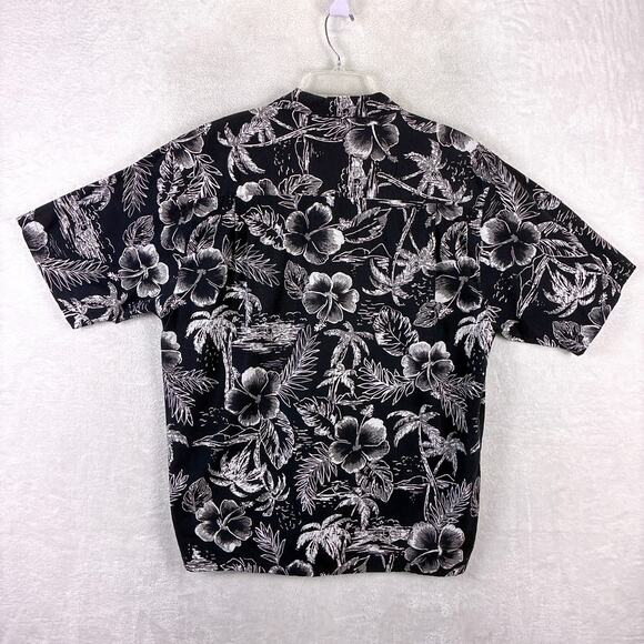 VTG OP Ocean Pacific Hawaiian Camp Shirt Mens L Black White Floral Aloha Rayon - Picture 4 of 7